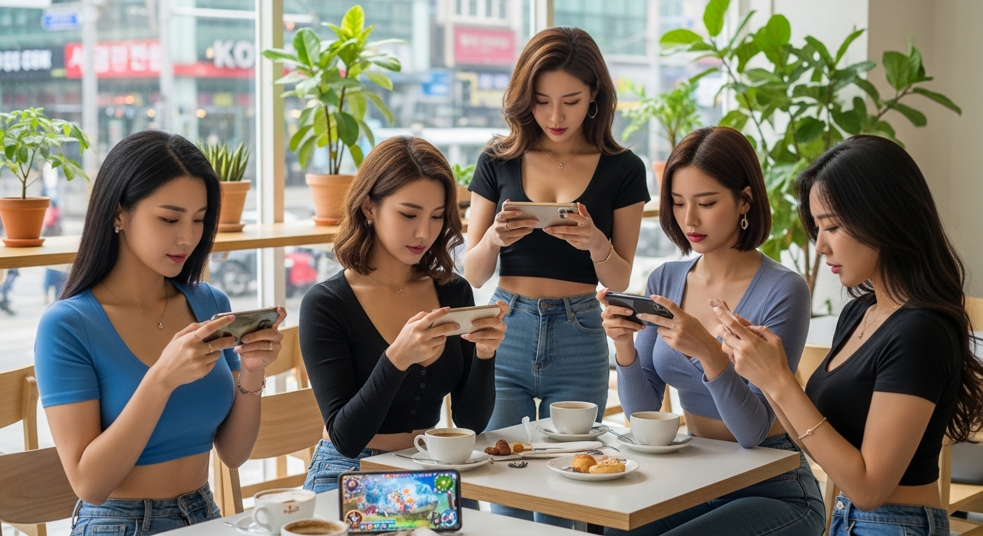 모바일 게임을 하는 여자들