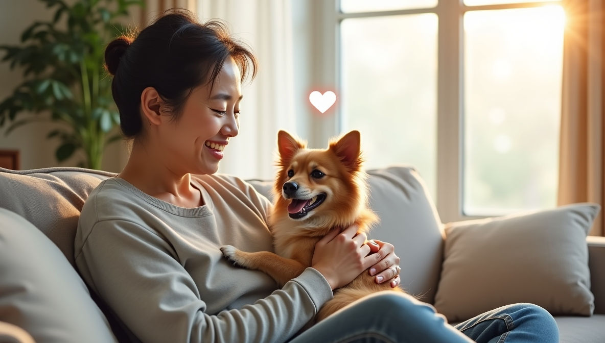 거실의 아늑한 소파에 앉아, 작고 행복한 표정을 짓고 있는 반려견을 부드럽게 안고 쓰다듬으며 따뜻하고 편안한 미소를 짓고 있는 40대 여성