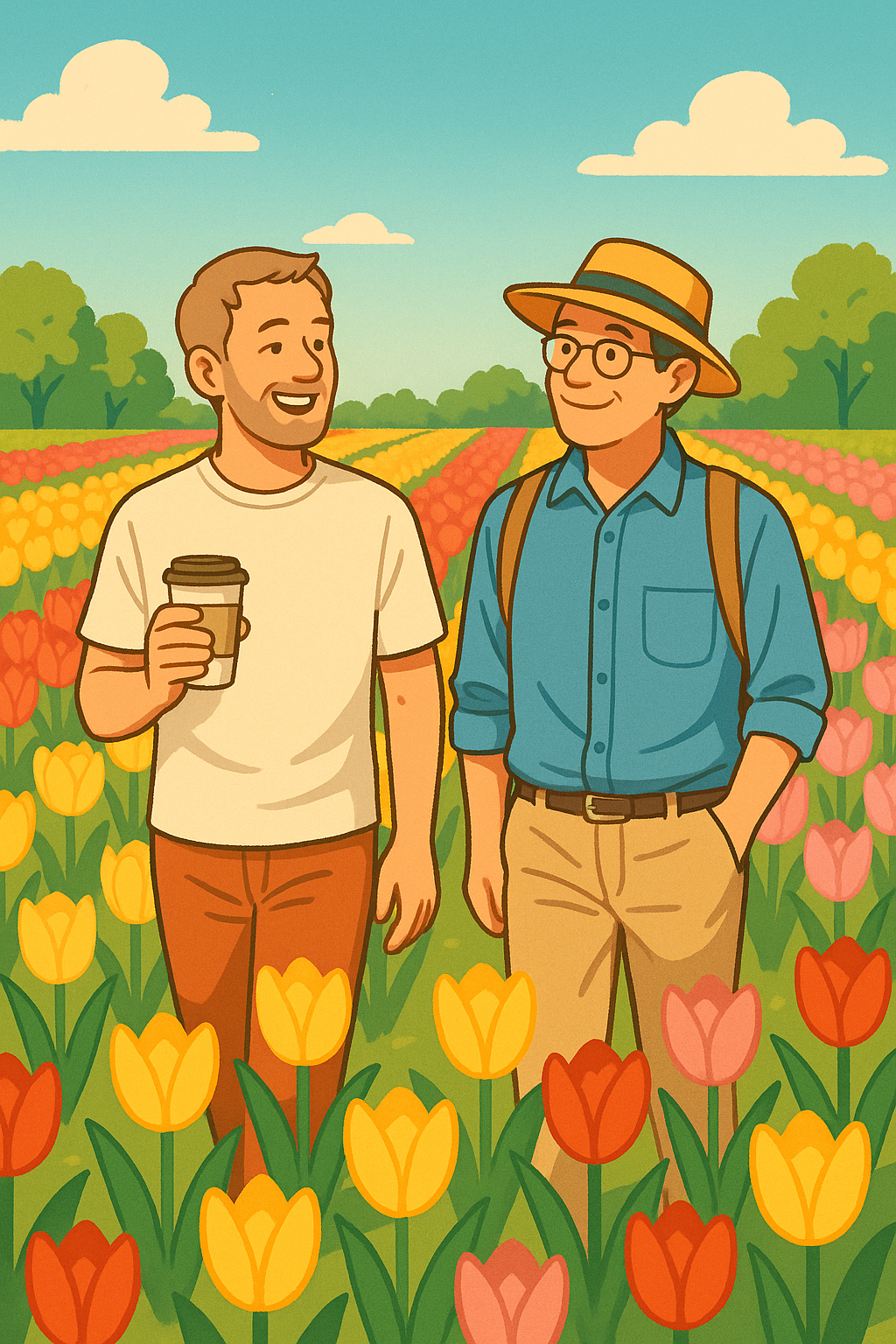 튤립밭 사이를 산책하는 중년 남자 둘