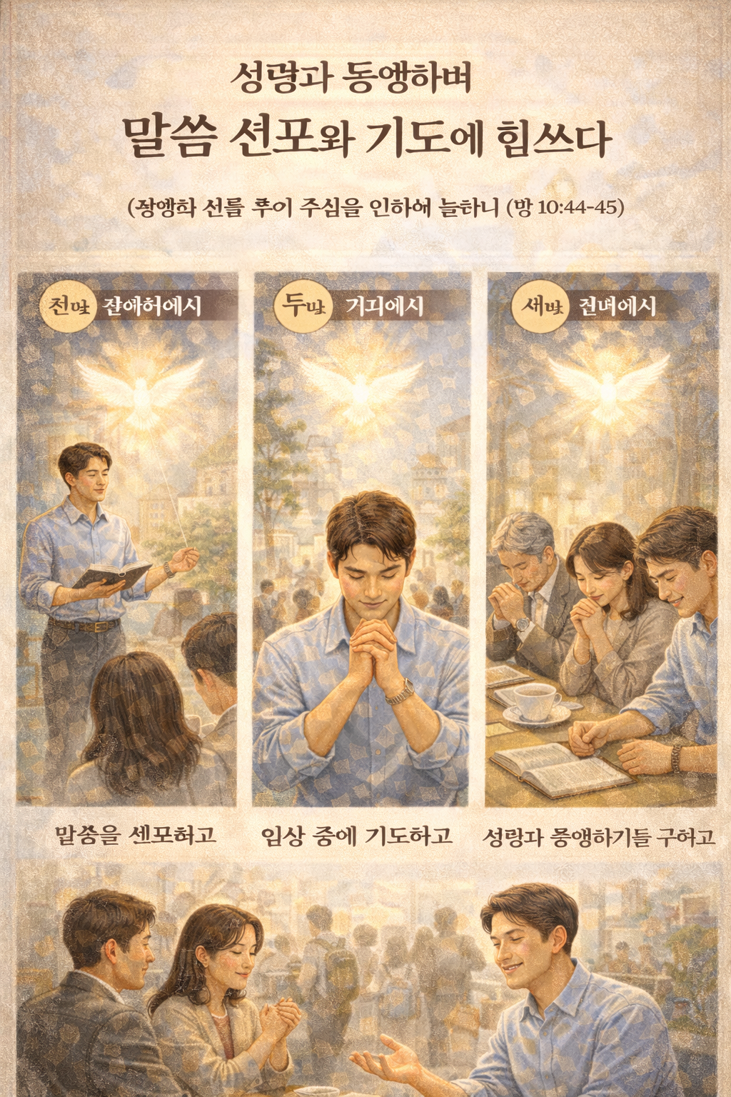 행 10:44-45 말씀을 보며, 베드로가 말할 때 듣는 자들에게 성령이 임하시는 것을 보며, 성령과 동행하며 살아가는 삶에 대해 기대하게 되었고, 저도 성령님이 임하시는 자가 되도록, 일상 중에 말씀을 선포하고 기도하는 시간을 3회 이상 갖는 모습입니다.