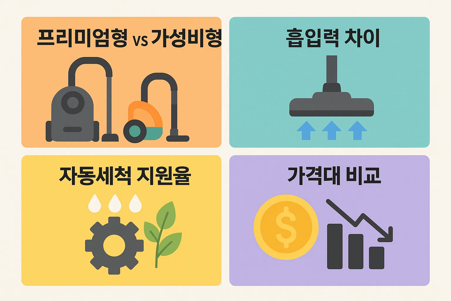 프리미엄형과 가성비형 무선 물걸레 청소기 흡입력 차이, 자동세척 지원율, 가격대별 성능 비교를 시각화한 인포그래픽.