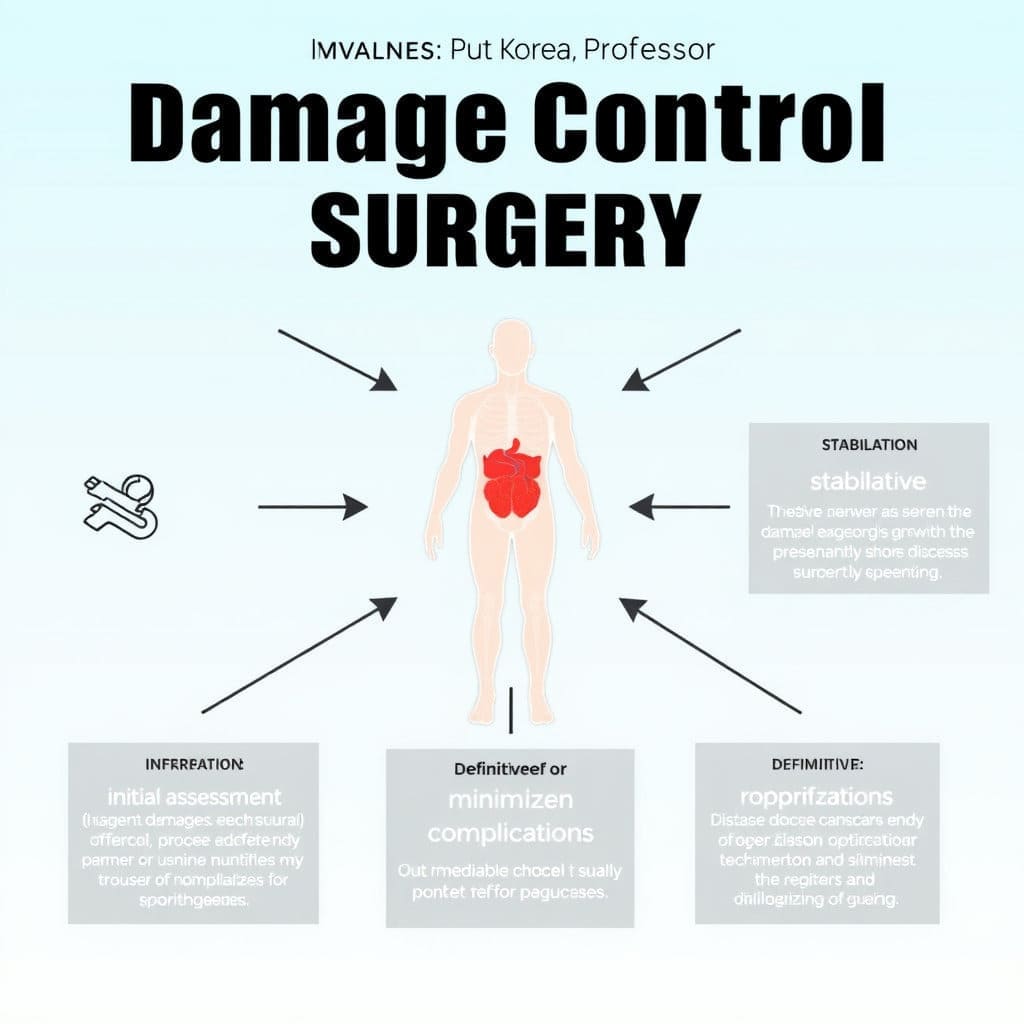교수님이 국내에 도입하고 교과서에 집필하신 손상통제수술의 개념을 독자들이 쉽게 이해할 수 있도록 돕습니다. 수술의 단계나 중요성을 나타내는 요소들을 포함할 수 있습니다.