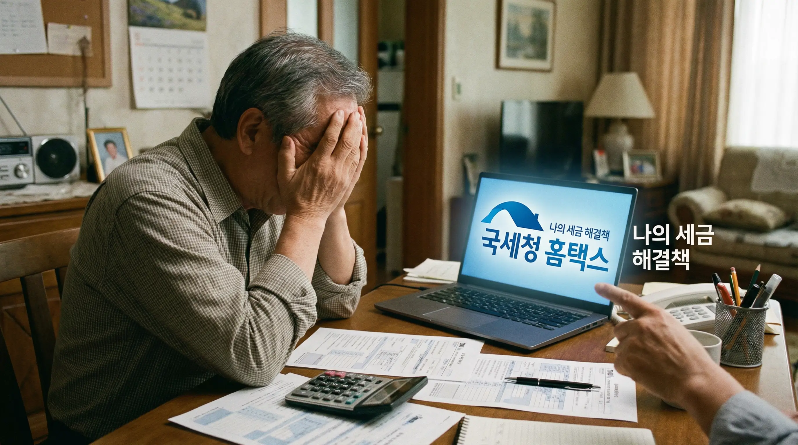 복잡한 세금 계산기 앞에서 고민하다가 국세청 홈택스 로고를 발견하고 해결책을 찾은 집주인의 모습