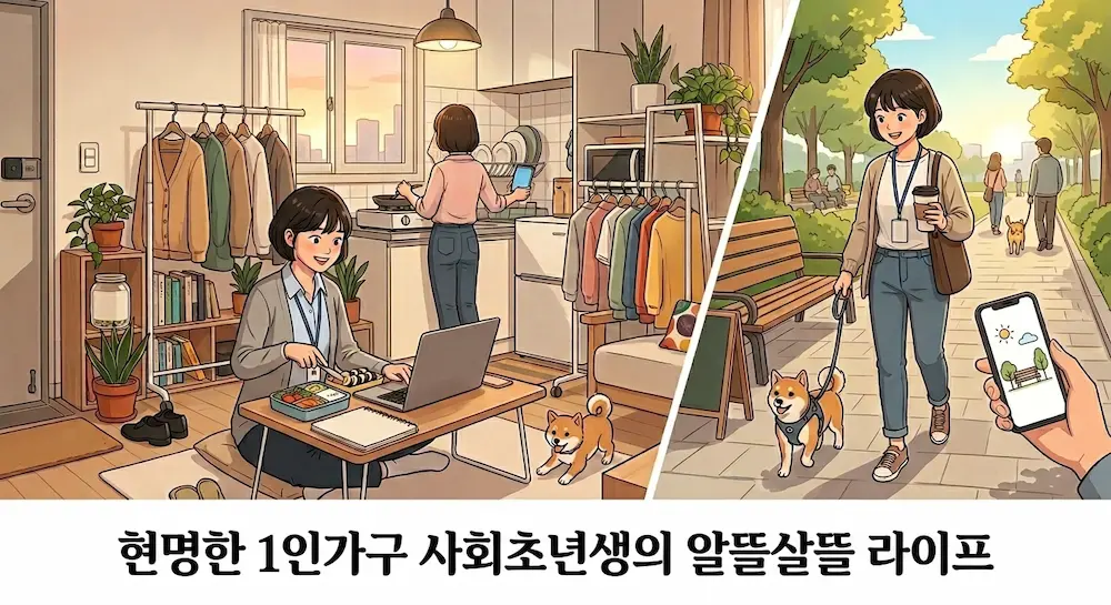 사회초년생 및 1인 가구의 고정비 절감과 알뜰한 금융 라이프를 표현한 일러스트 이미지