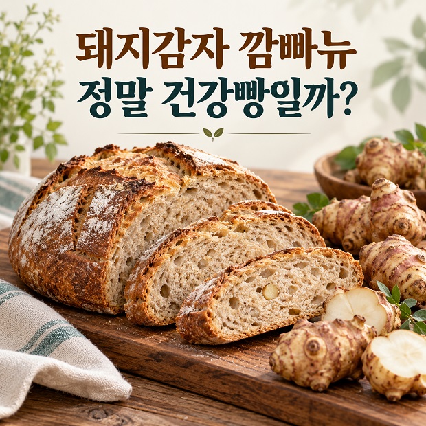 나무 도마 위에 놓인 돼지감자와 잘라 놓은 돼지감자 깜빠뉴