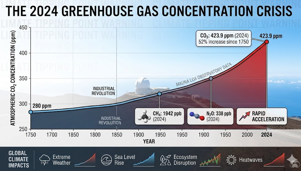 2024년 이산화탄소 농도 423.9ppm 역대 최고 메탄 아산화질소 증가