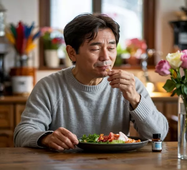 식사 후 영양제를 먹고 있는 50대 남성