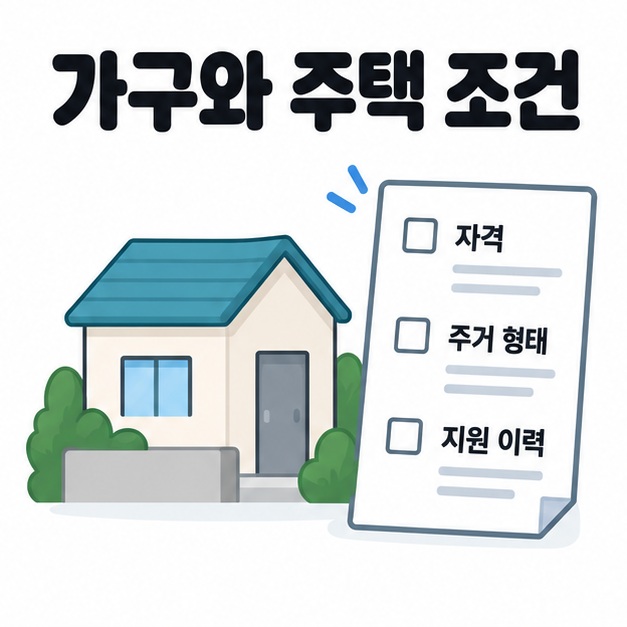 가구와 주택 조건이라는 제목 아래 집과 자격, 주거 형태, 지원 이력이 적힌 빈 체크칸의 상담 종이를 보여주는 이미지