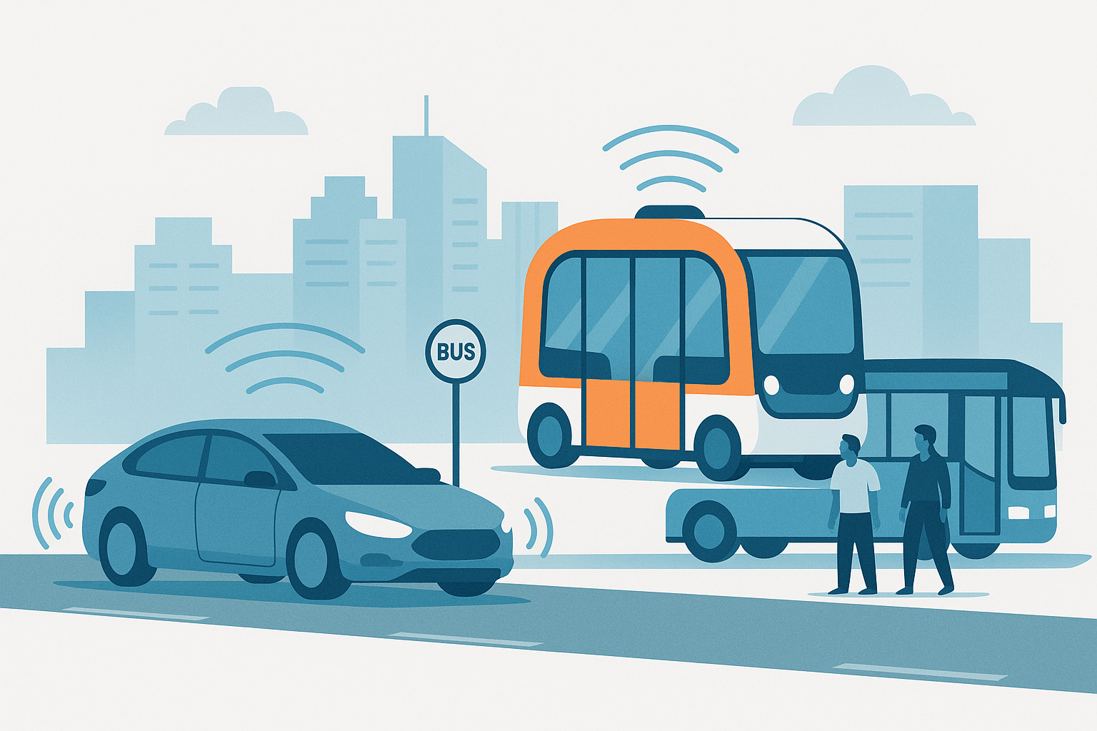 이 이미지는 자율주행차와 기존 대중교통이 함께 존재하는 미래 도시의 모습을 담고 있습니다. 전경에는 도로 위를 주행 중인 자율주행 승용차가 있고, 그 옆에는 자율주행 셔틀버스가 정류장에서 대기 중인 모습을 볼 수 있습니다. 배경에는 현대적인 도시의 스카이라인이 그려져 있으며, 고전적인 형태의 시내버스를 이용하는 사람들도 함께 등장해 자율주행 기술과 전통적인 대중교통수단이 조화롭게 공존하는 장면을 시각적으로 표현하고 있습니다