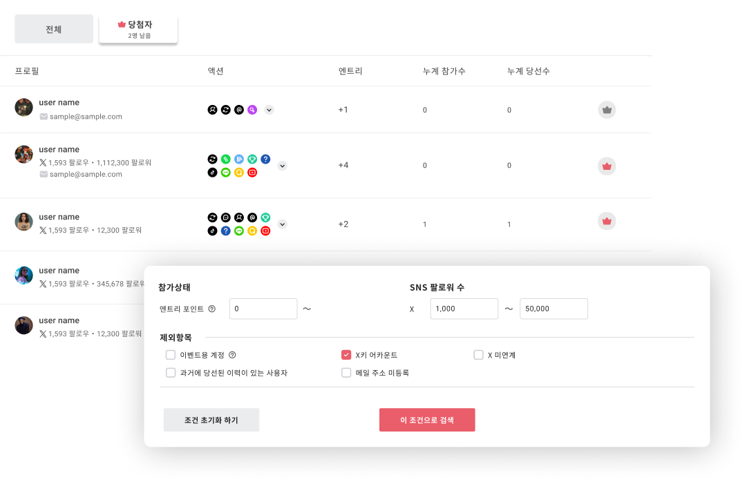 3️⃣원클릭 추첨 & 당첨자 개인정보 수집 가능: 공정한 이벤트를 위해 랜덤 추첨 기능을 통해 원클릭으로 당첨 후보자를 선정할수 있습니다. 또한 당첨자의 개인정보 수집을 Booster를 통해 수집하는 것도 가능해요!