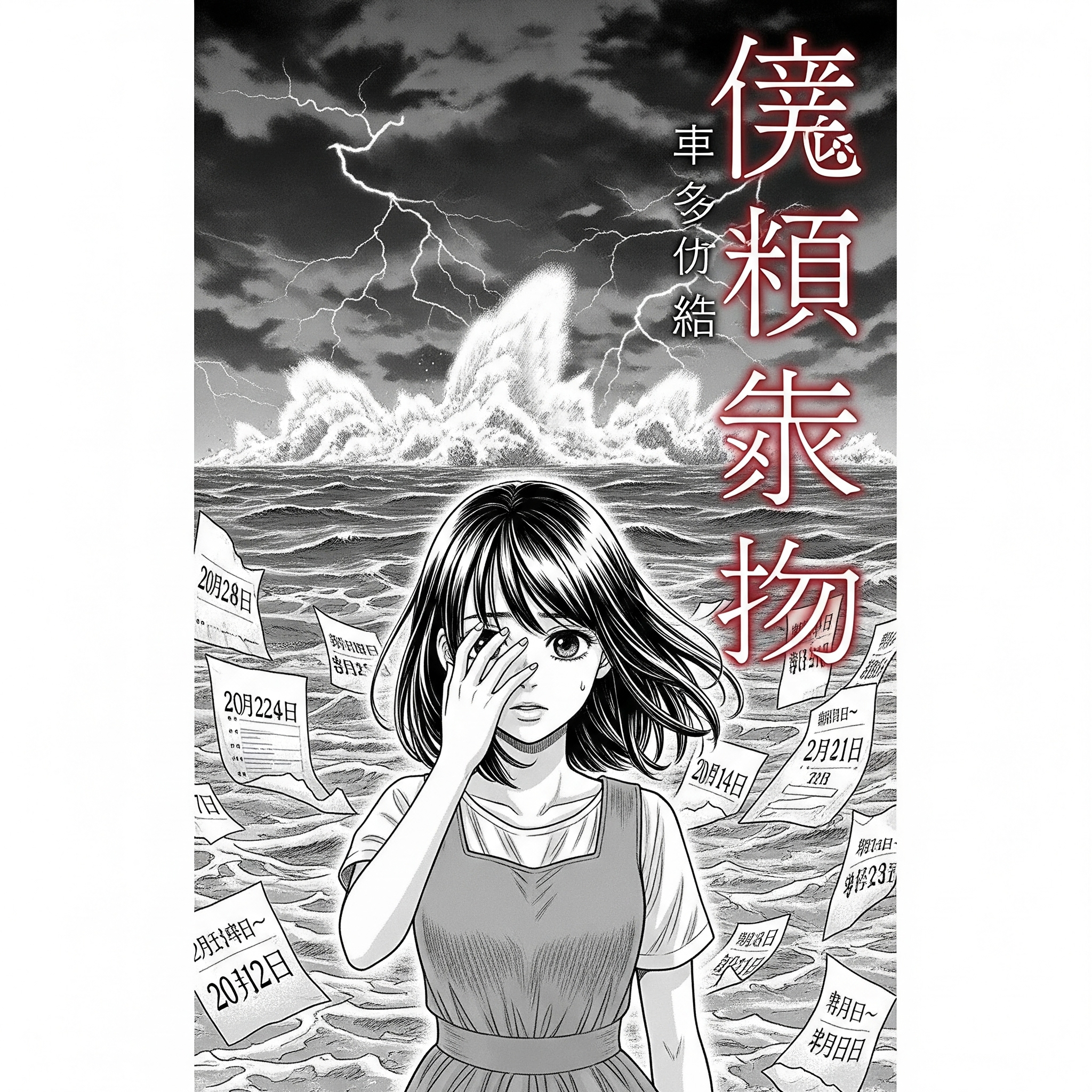 일본 만화가 타츠키 료의 예언서 '내가 본 미래' 컨셉 이미지로, 얼굴 반쪽을 가린 여성과 지진을 암시하는 배경이 담긴 일러스트