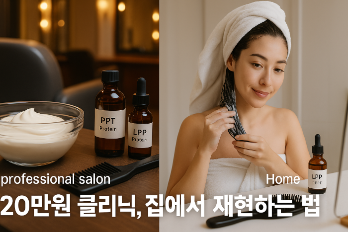 "홈 케어와 전문 살롱 케어 비교 좌우 분할 이미지: 왼쪽–살롱 내부의 믹싱 볼·브러시와 전문가용 LPP·PPT 병, 오른쪽–튜브형 PPT와 LPP 병으로 홈케어 혼합 준비"
