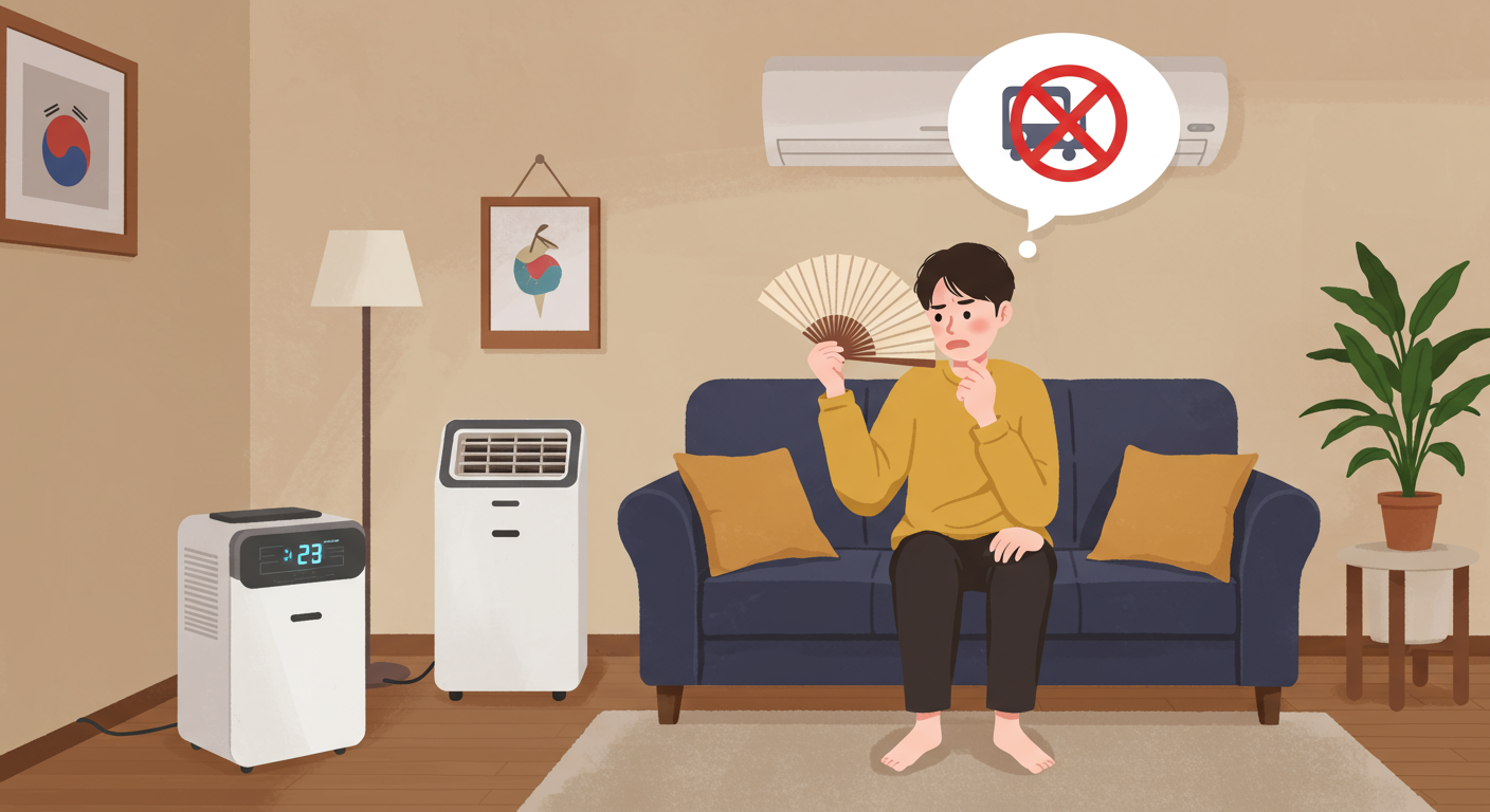 2025년 이동식 에어컨 구매 후 소음과 더위로 인해 고통받는 사람의 모습