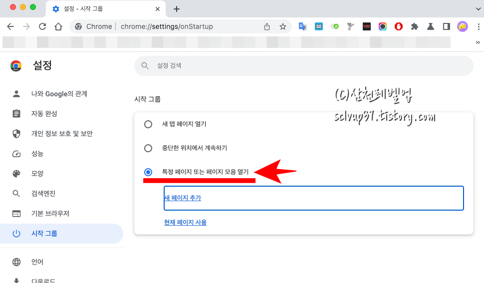 크롬 시작 그룹의 특정 페이지 또는 페이지 모음 열기