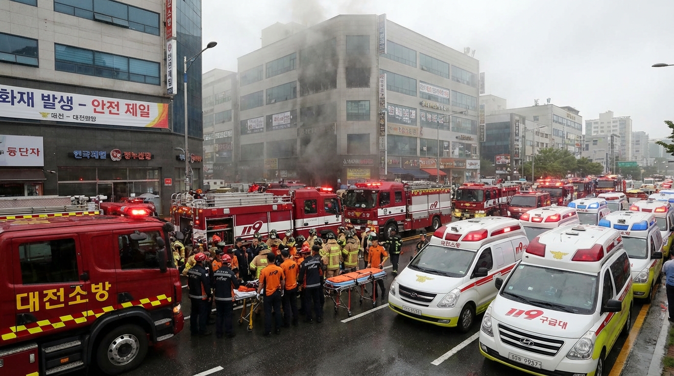 대전 화재 현장에 출동한 다수의 구급차와 구조대원들의 긴박한 모습