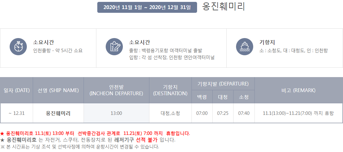 백령도 배편 시간표: 옹진훼미리 배 시간표