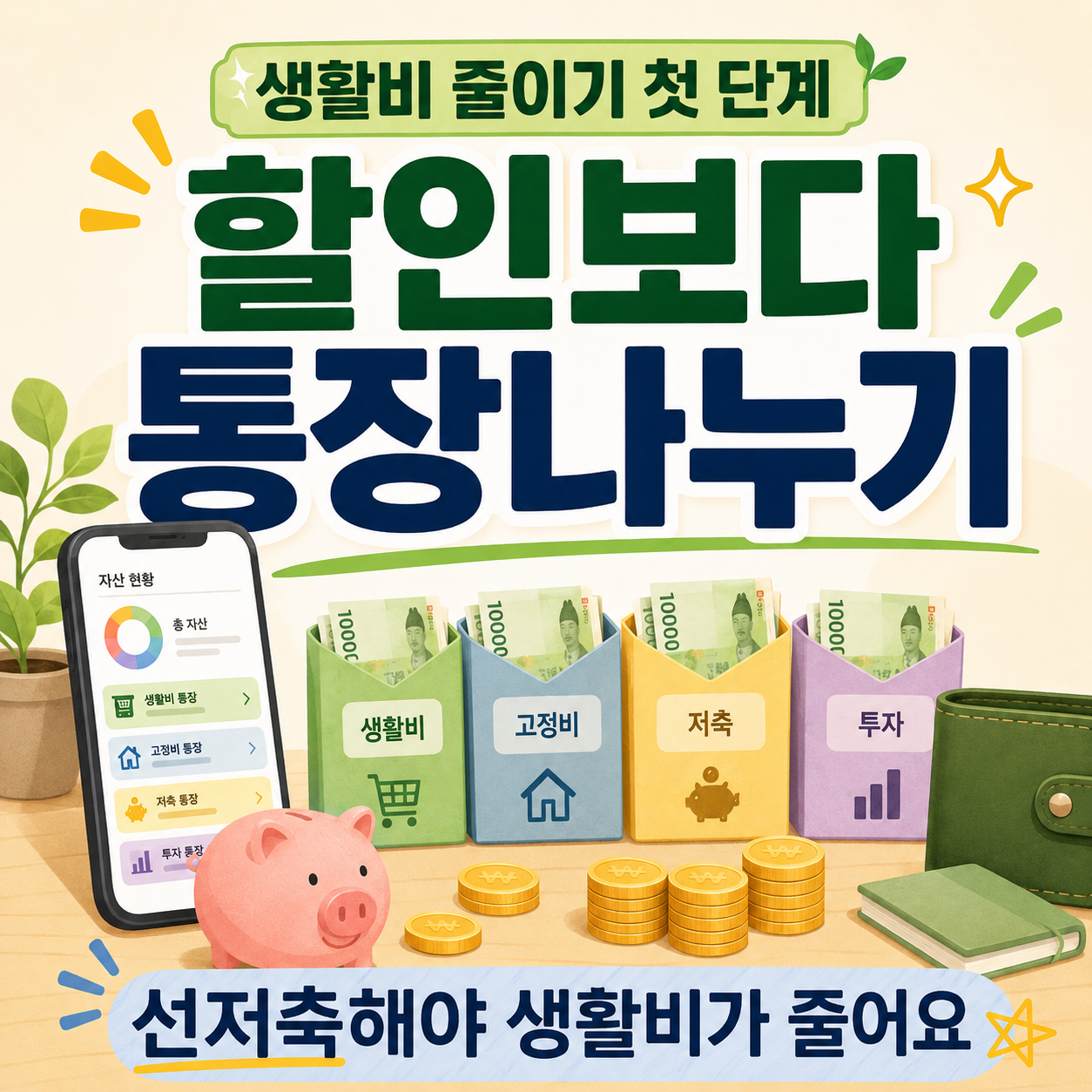 생활비를 줄이기 위해 할인보다 통장나누기와 선저축이 먼저라는 썸네일 이미지