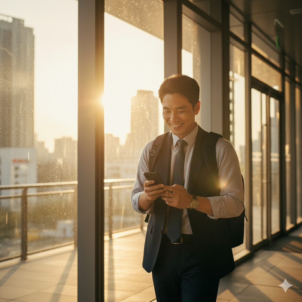 완벽한 자동화 시스템으로 정시 퇴근의 여유를 되찾고 가벼운 발걸음으로 귀가하는 김 과장의 뒷모습.