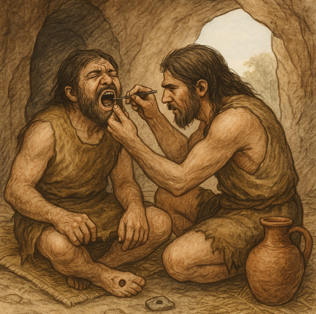 선사시대 동굴 안에서 이루어진 치과 치료 장면