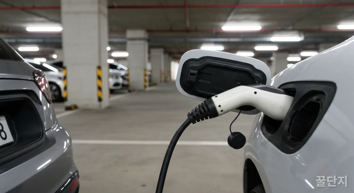 아파트 지하 주차장에서 전기차 충전 포트에 연결된 충전 케이블의 클로즈업