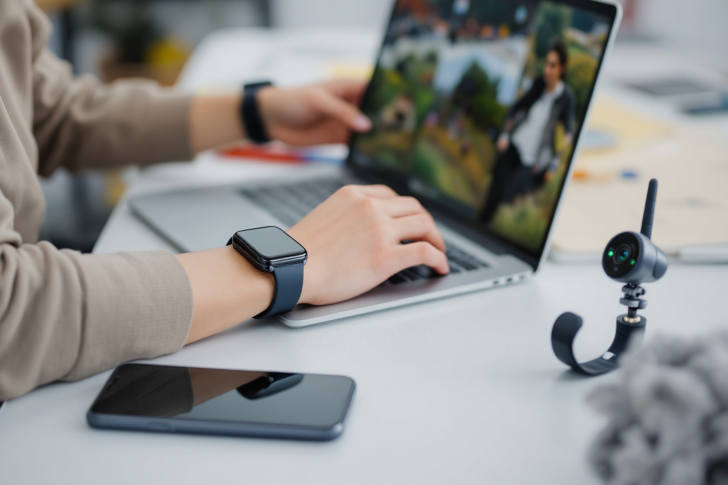 노트북 작업을 하고 있는 남성의 팔에 스마트워치가 있는 모습