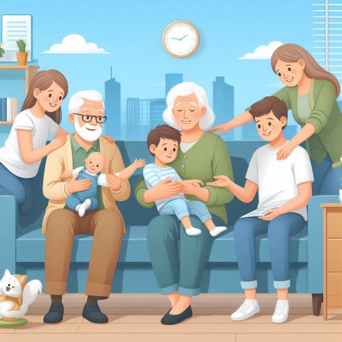 고령의 양부모가 입양한 자녀를 좋은 환경에서 잘 돌보는 모습