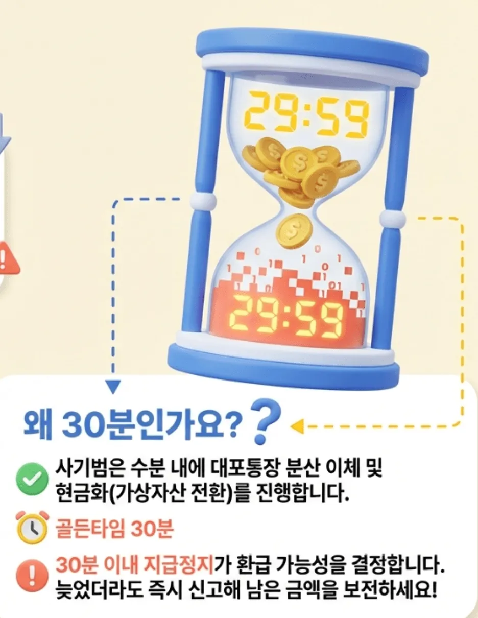 보이스피싱 피해 발생 시 30분 내 지급정지가 필수적인 이유를 설명하는 이미지입니다. 사기범이 수분 내에 대포통장으로 분산 이체 및 가상자산으로 현금화하기 때문에&amp;#44; 골든타임 30분 이내의 즉각적인 신고와 지급정지 요청이 피해금 환급 가능성을 결정한다는 내용을 담고 있습니다. 