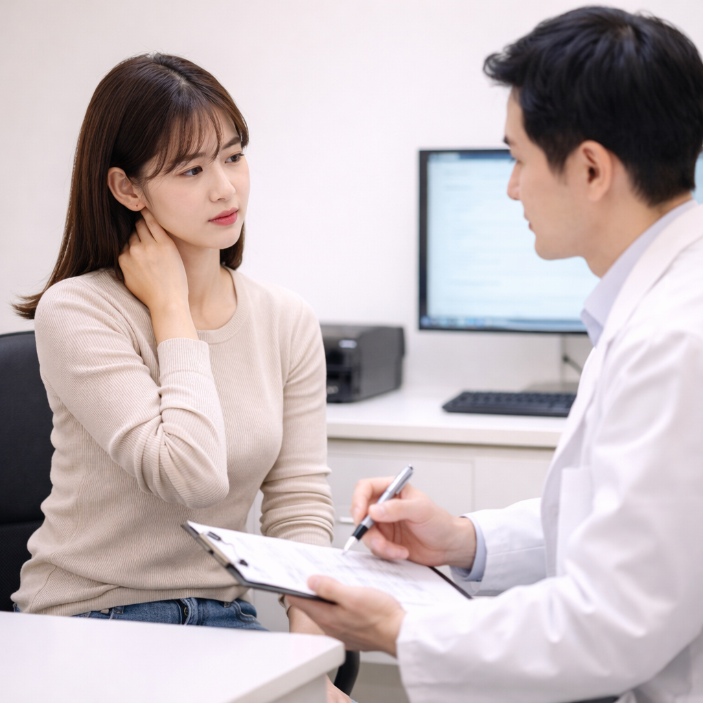 거북목 증상과 함께 팔 저림이 있을 때 진료 상담이 필요함을 표현한 이미지