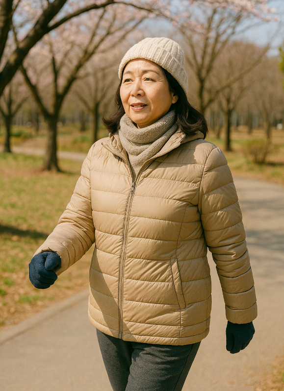 꽃샘추위 속 건강을 유지하기 위해 운동중인 50대 여성의 모습