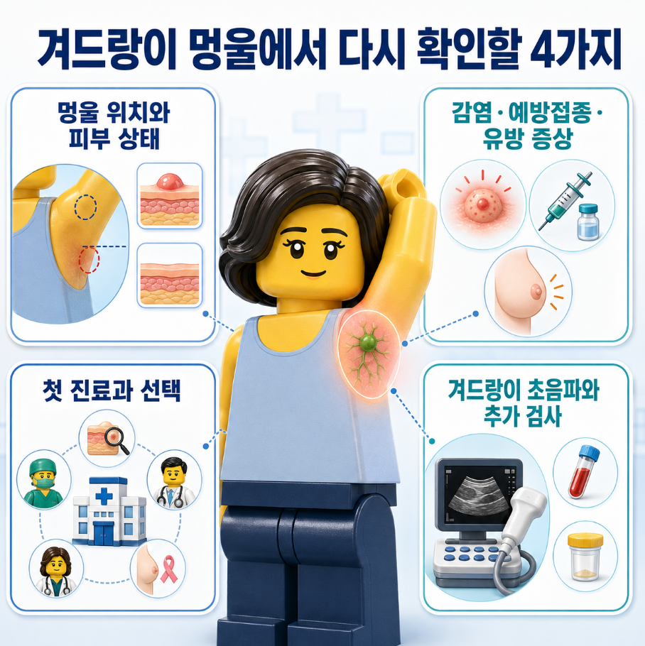 겨드랑이 멍울에서 다시 확인할 위치&middot;피부 상태&middot;관련 증상&middot;진료과&middot;초음파 핵심 4가지