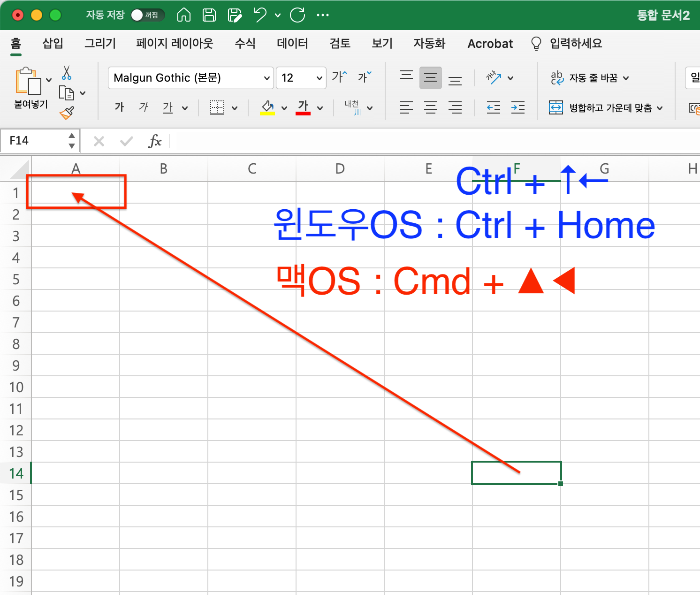 다시 처음 위치로 셀 포인터 한 번에 이동하기