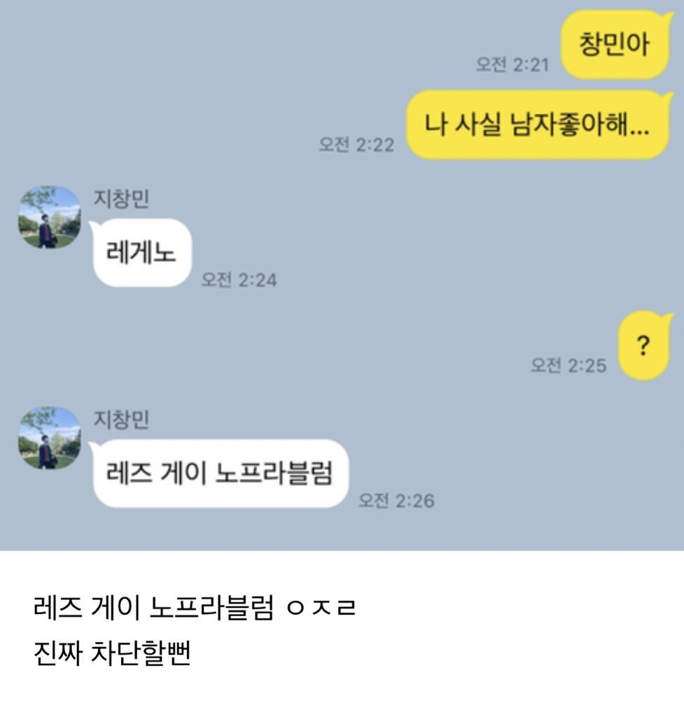 카카오톡 짤

A : 창민아
A : 나 사실 남자 좋아해...
B : 레게노 
A : ?
B : 레즈 게이 노프라블럼

하단 내용 : 레즈 게이 노프라블럼 ㅇㅈㄹ 진짜 차단할 뻔