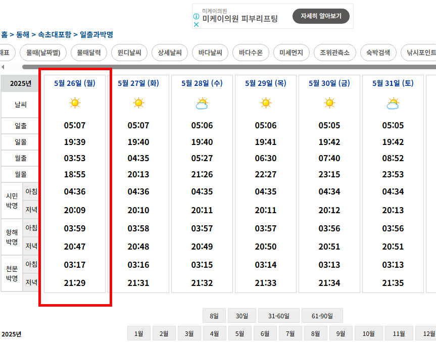 동해 물때표 확인방법