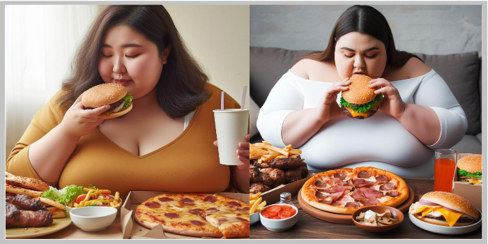 과식을 하는 여성의 모습과 햄버거·피자·튀김 등 고지방 음식이 테이블에 가득 놓인 장면은 고혈압의 대표적인 유발 요인 중 하나인 잘못된 식습관을 상징적으로 보여줍니다