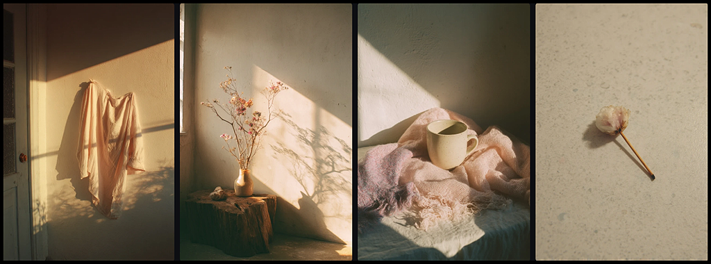 P 코드가 적용된 Midjourney 이미지로, 특정 스타일 지시 없이도 일관된 톤과 감성이 유지된 사물 예시_Midjourney