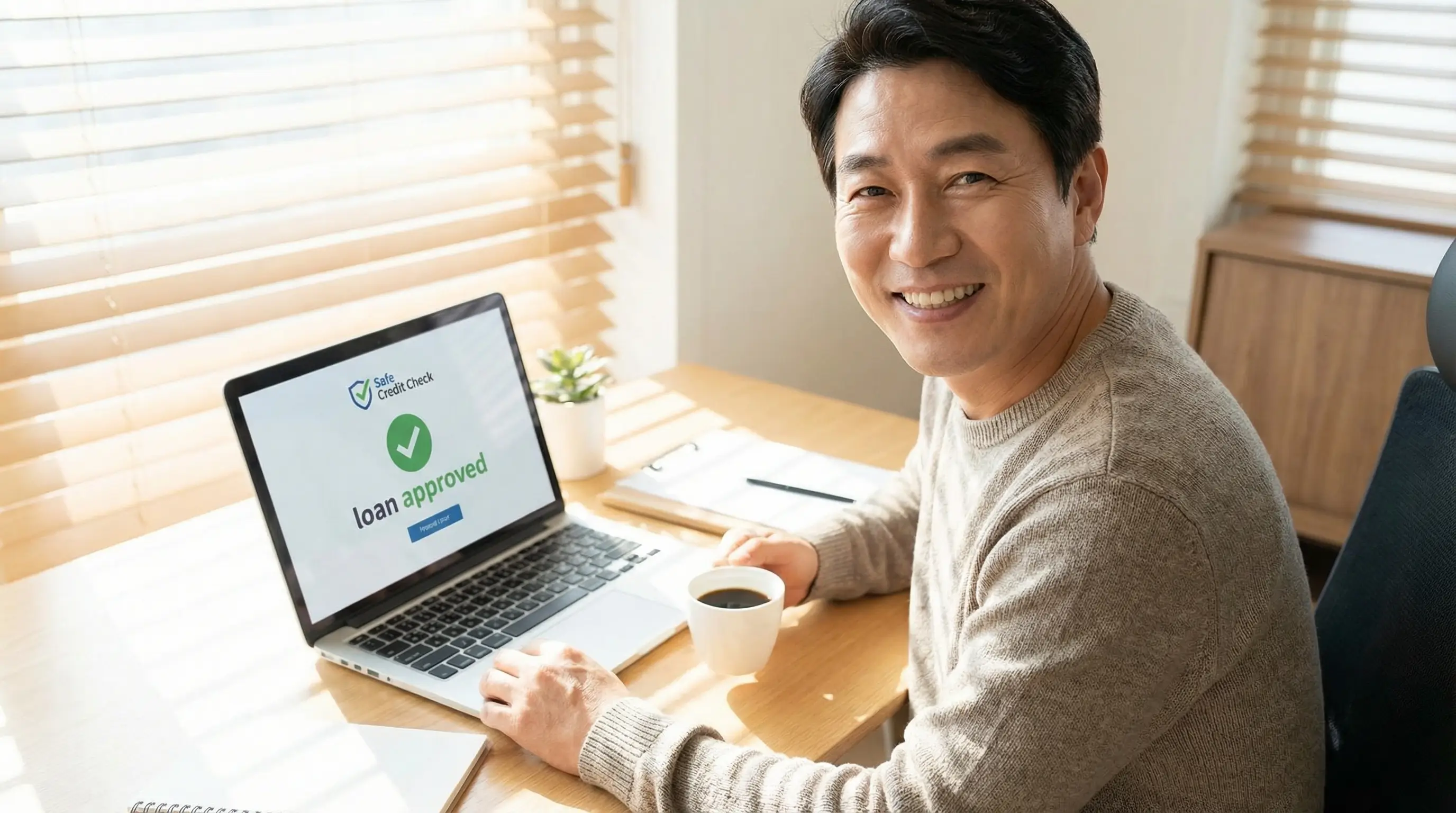 안전한 가조회를 통해 확보한 대출금으로 자금 문제를 해결하고 미소 짓는 모습