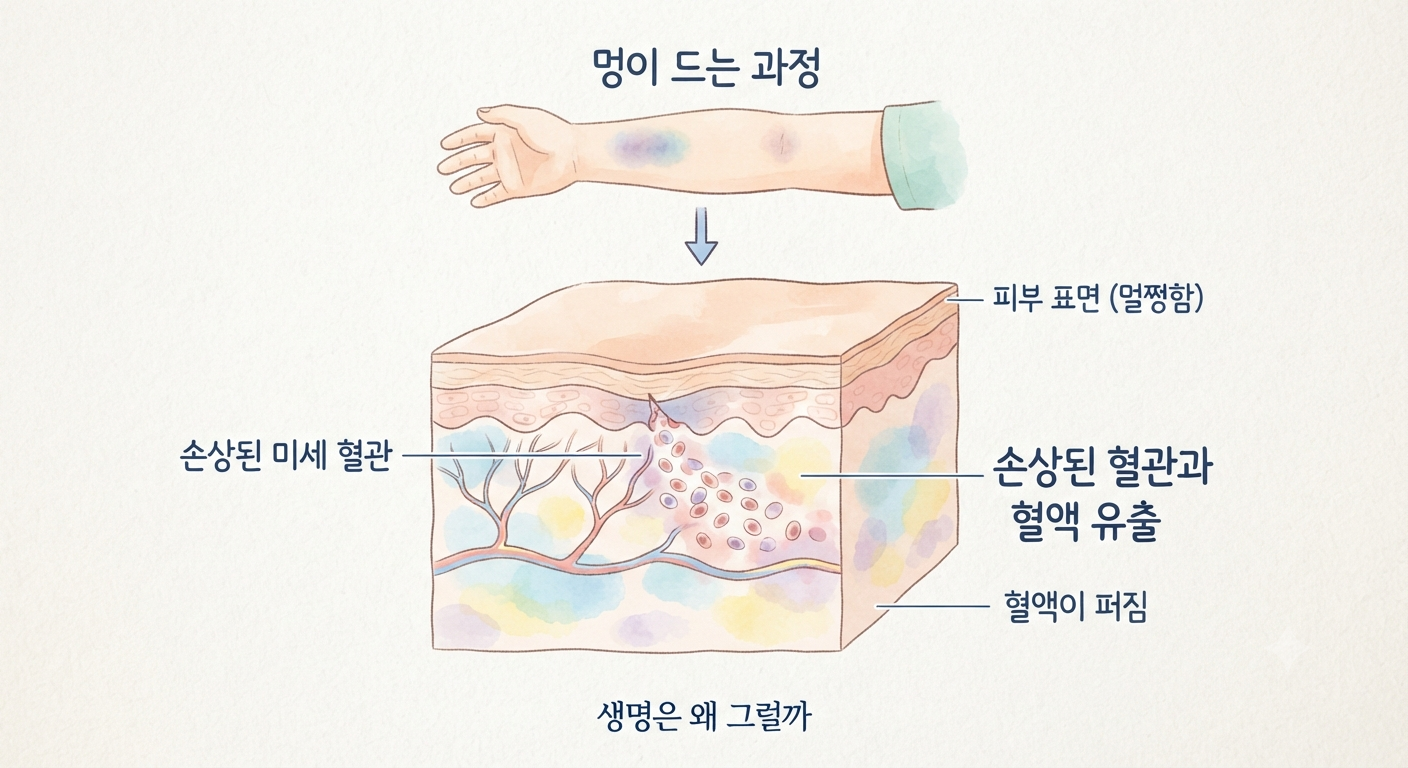 피부 표면은 멀쩡하지만 피부 아래 작은 혈관이 손상되어 혈액이 주변 조직으로 새어 나오는 모습