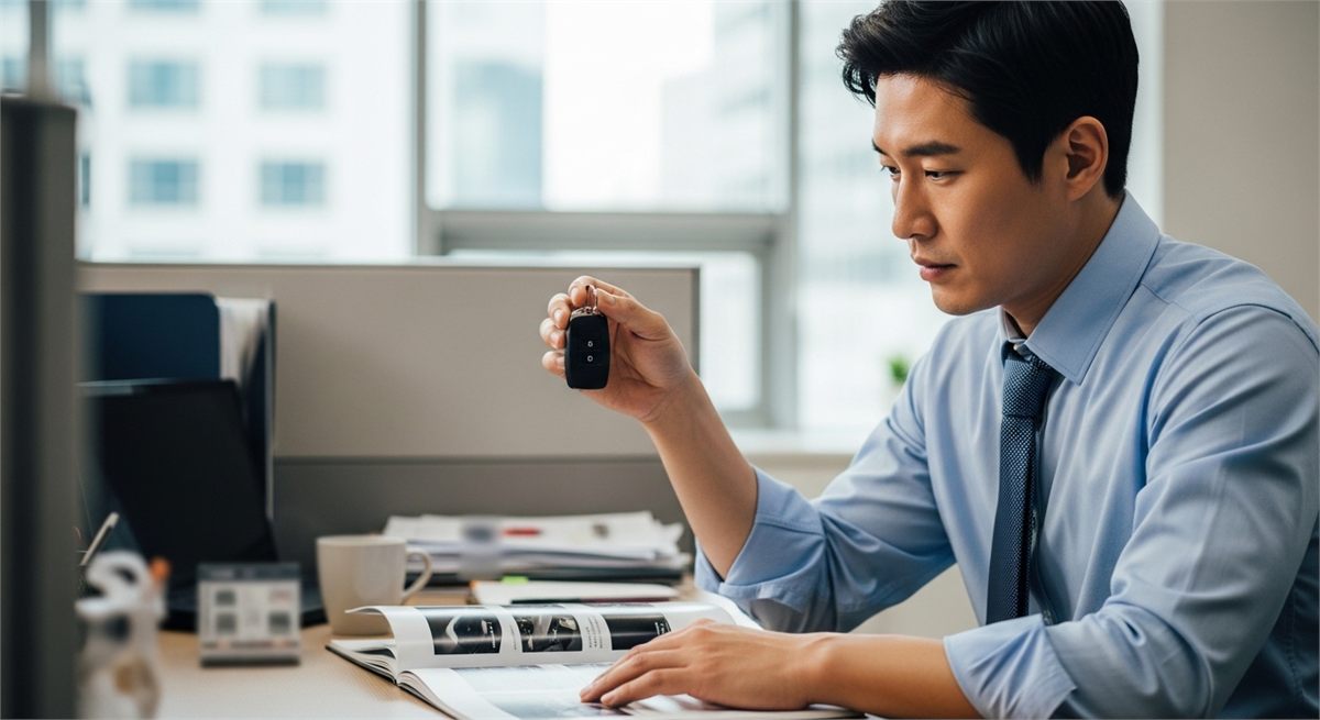 자동차 키와 자료를 함께 보며 차량 선택을 고민하는 직장인 장면 