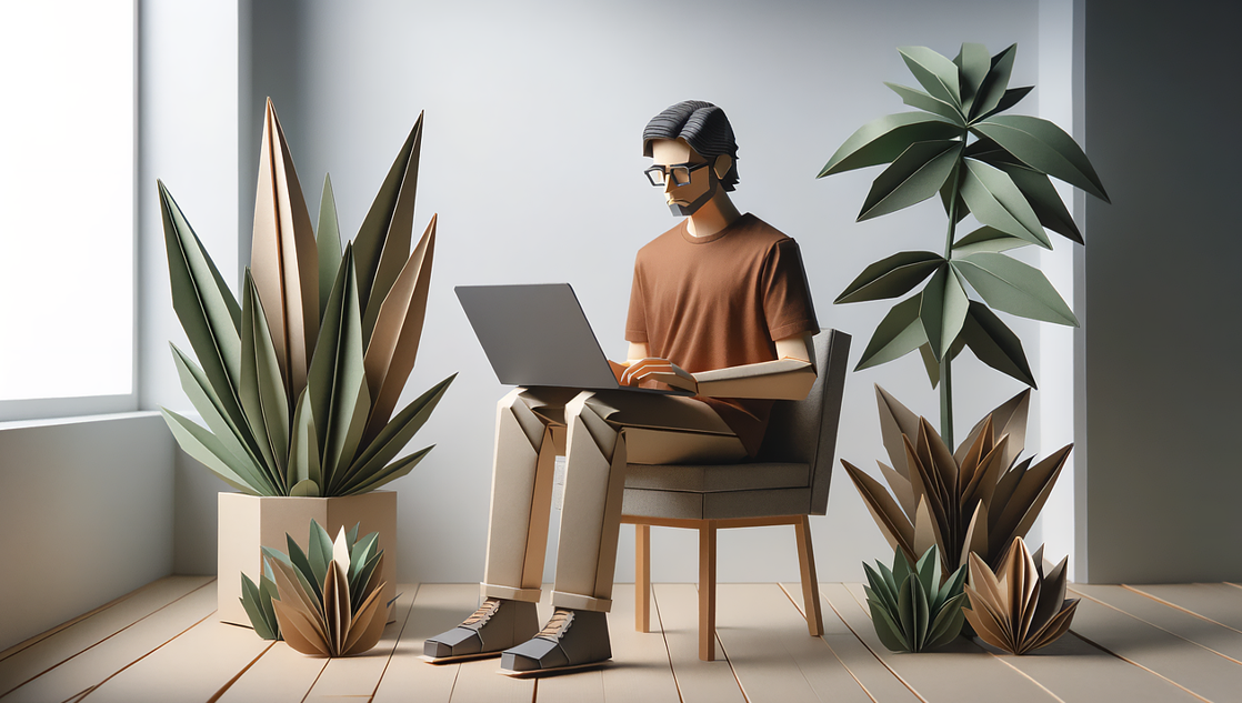 종이로 만든듯한 사람이 노트북으로 작업하고 있는 장면