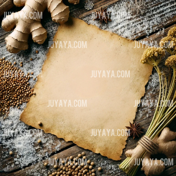 고풍스러운 양피지, 주위에 생강과 겨자씨가 놓인 전통적 분위기의 이미지.