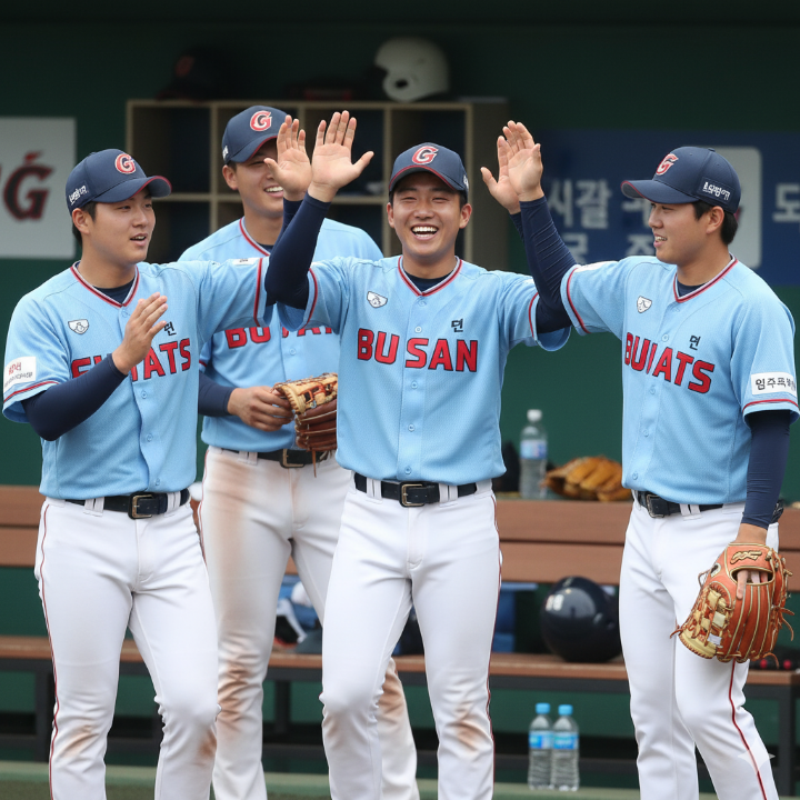 롯데 유망주 선수들이 퓨처스리그 경기 중 하이파이브하는 모습
