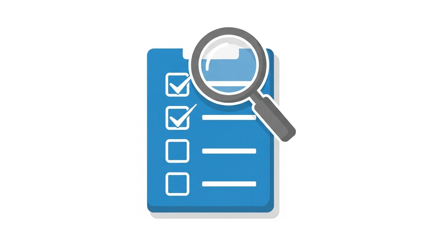 앱 평가 체크리스트를 상징하는 돋보기와 체크리스트 아이콘