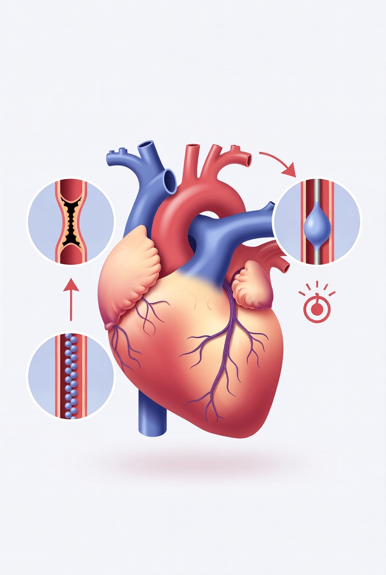 중앙에 인간의 심장 일러스트가 있고, 주변에 관상동맥 치료 과정을 보여주는 세 개의 원형 다이어그램이 배치된 이미지. 하단 왼쪽부터 시계방향으로 좁아진 혈관 내벽, 노폐물(플라크)로 막힌 혈관 단면, 그리고 풍선 확장술을 통해 혈관을 넓히는 시술 과정을 도식화하여 보여줌.