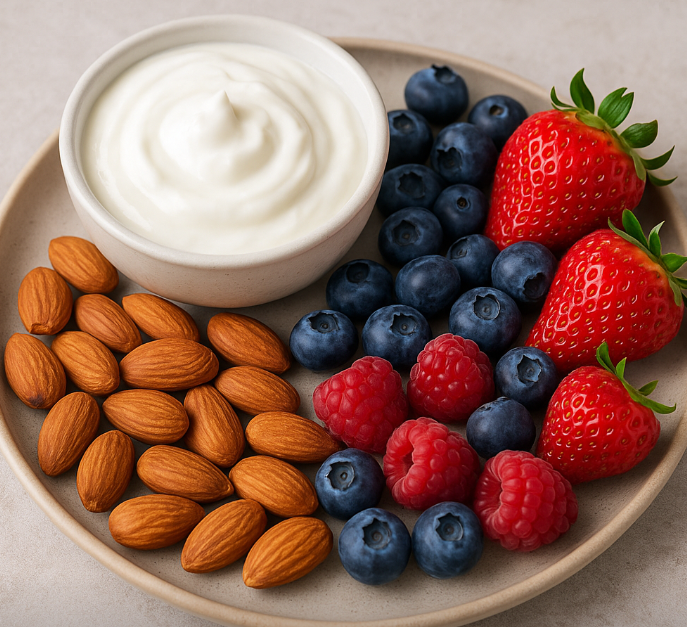 아몬드, 베리류, 요거트 사진