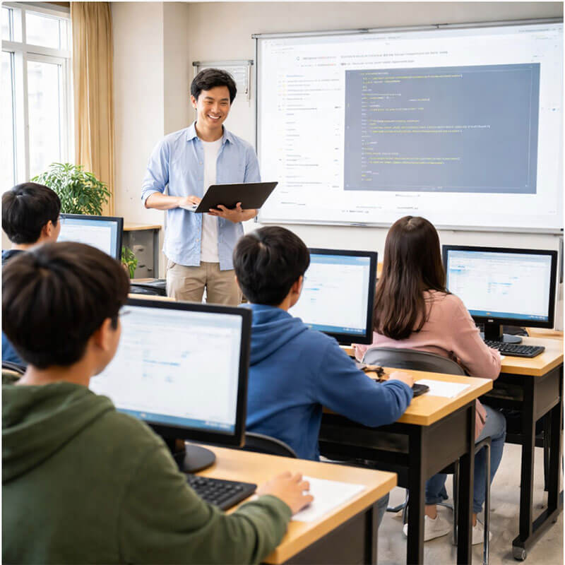 컴퓨터 교실에서 강사가 학생들에게 실습 수업을 진행하는 오프라인 강의 장면