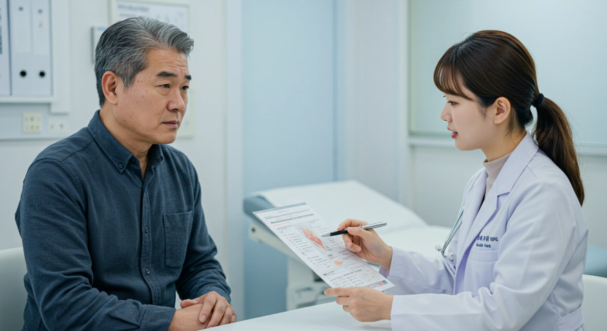 췌장암 위험에 대해 상담하는 의사와 한국인 남성