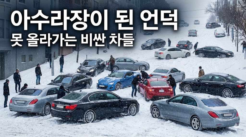 눈 쌓인 도로에 엉켜있는 다양한 차종들의 모습