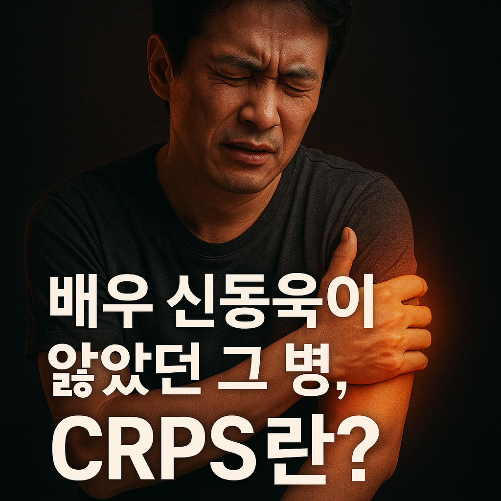 극심한 통증으로 팔을 부여잡고 고통스러워하는 중년 남성의 모습과 함께 '배우 신동욱이 앓았던 그 병, CRPS란?'이라는 문구가 적힌 썸네일 이미지