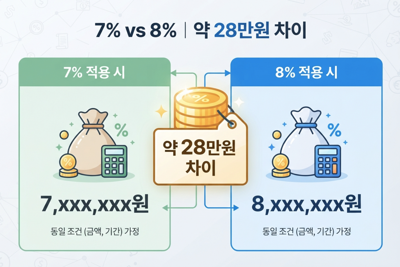 청년미래적금 금리 7%와 8% 적용 시 3년 만기금액 약 28만원 차이를 비교한 이미지