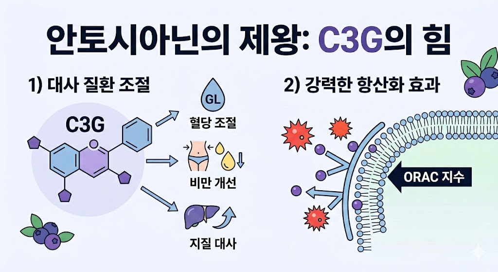 밝은 배경 위에 C3G의 두 가지 핵심 효능을 도식화한 이미지입니다. 좌측은 분자 구조와 함께 혈당 조절, 비만 개선 등 대사 질환 조절 기능을 설명하며, 우측은 활성산소를 차단하는 강력한 항산화 효과와 ORAC 지수를 직관적인 아이콘으로 표현하고 있습니다.